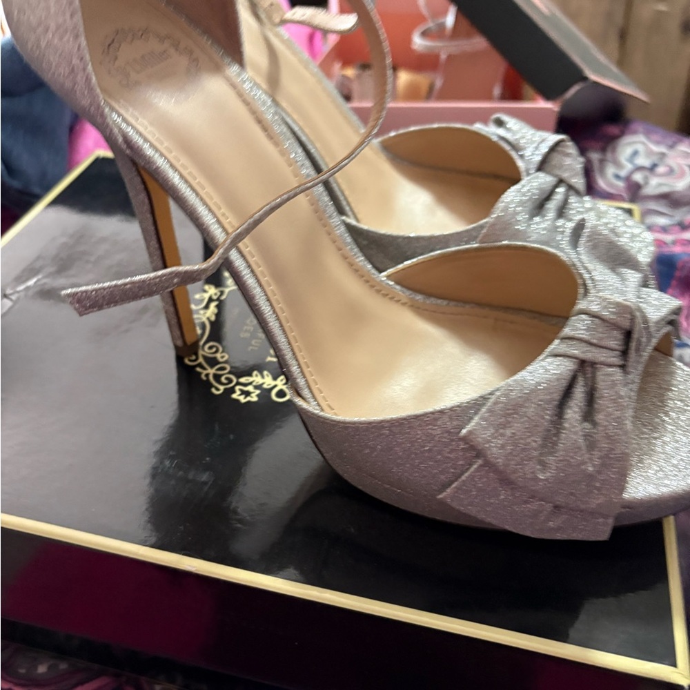 Elegant Silver Slingback Heels with Bow